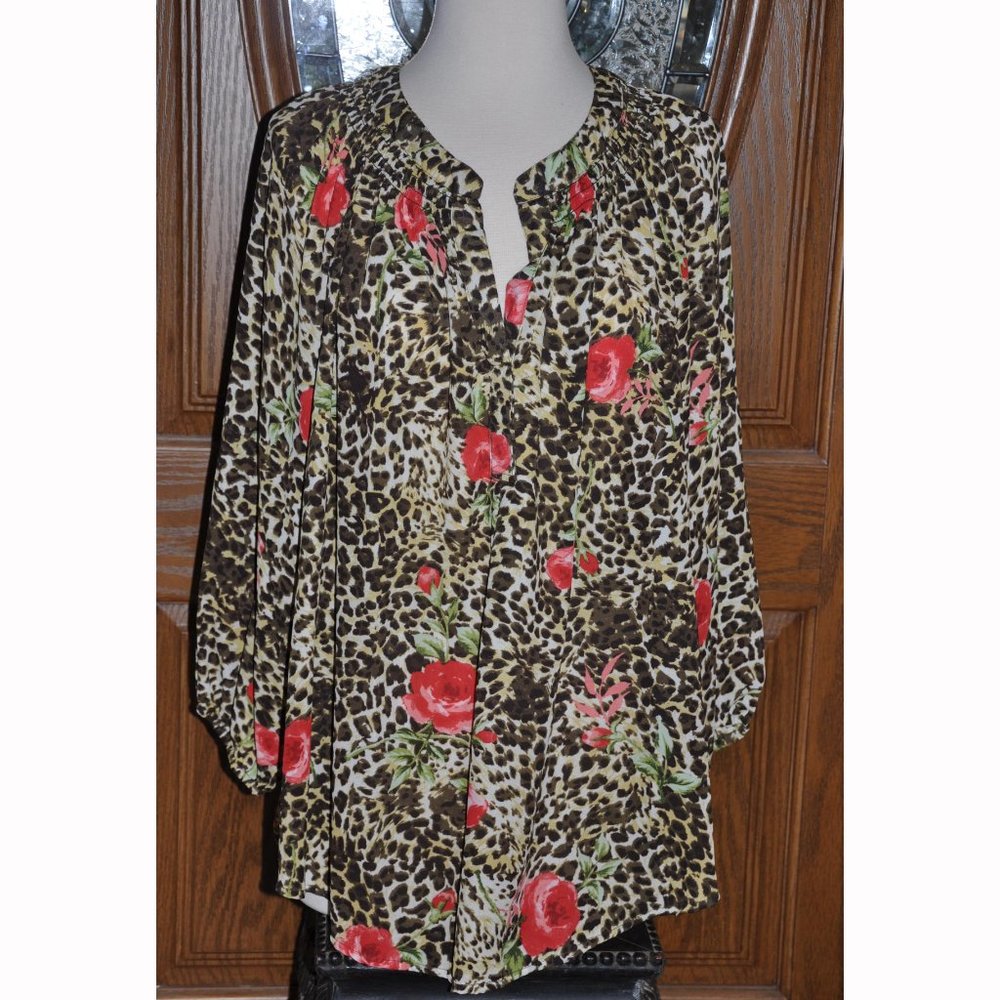Cathy Woman Leopard Print Long Sleeve Shirred Neckline Sheer Blouse